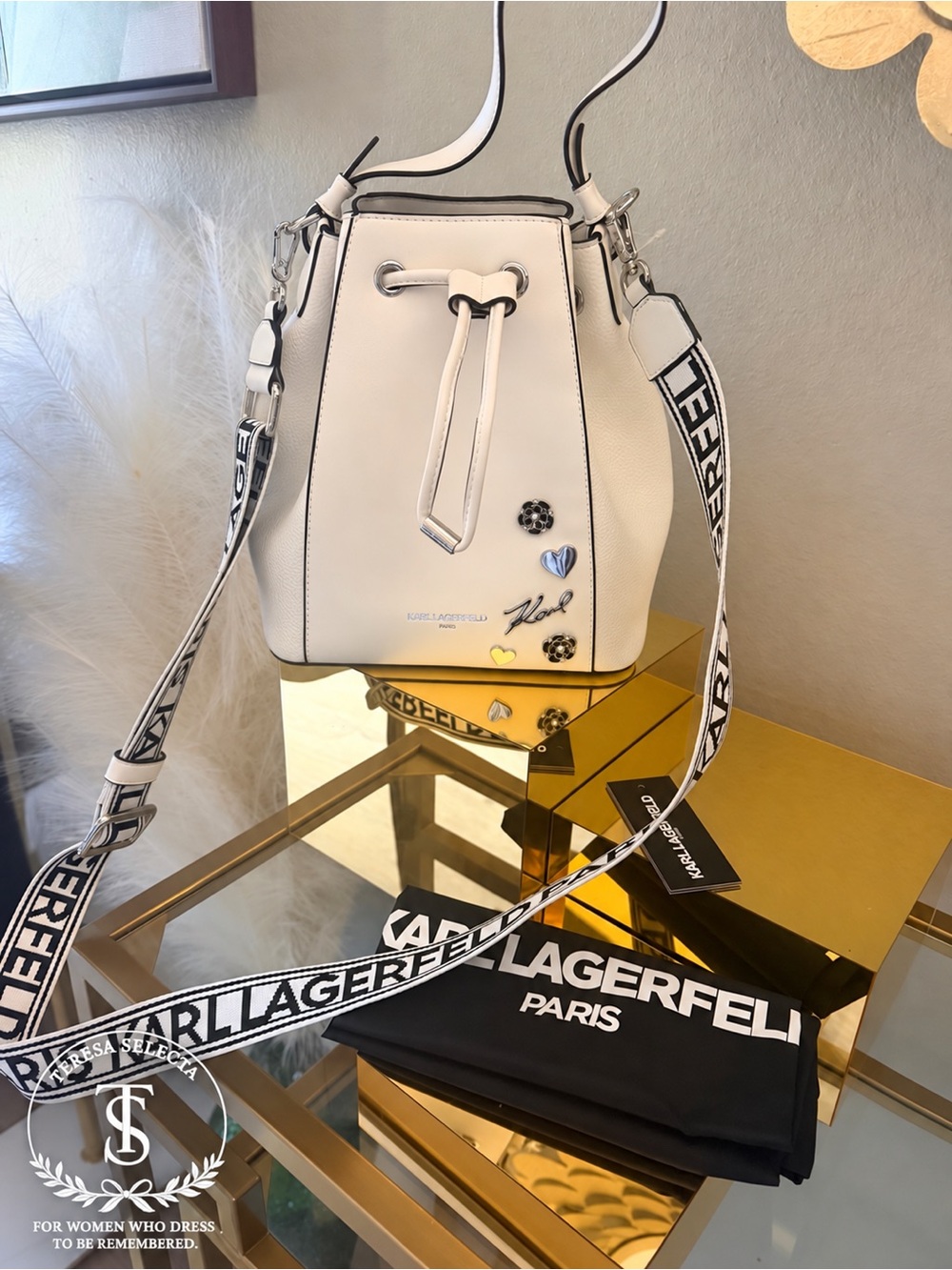 NWOT Karl Lagerfeld Adele White Bucket Bag Logo Strap Charms